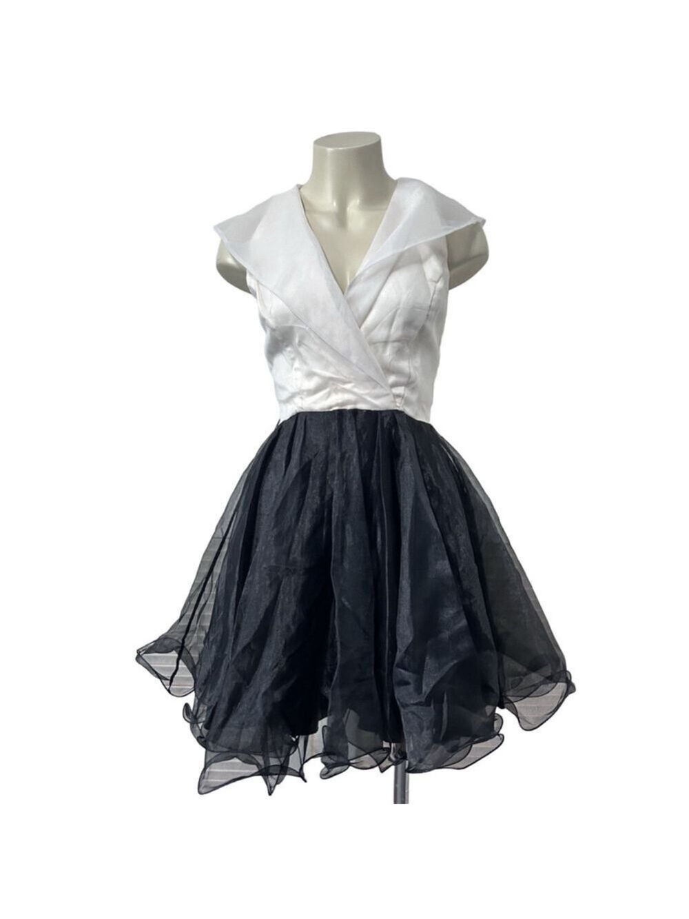 Faviana White Black Organza Ruffle Mini Dress Juniors 5/6 V-Neck Party